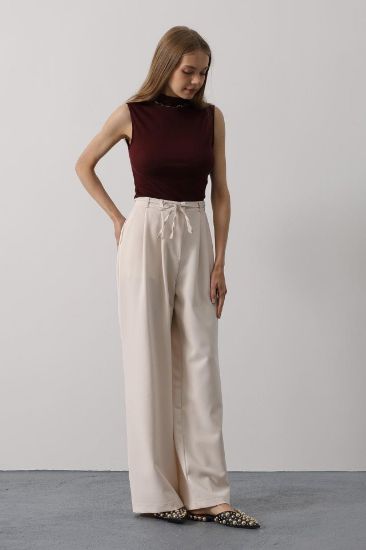 Pileli Bağcıklı Oversize Pantolon - Bej resmi